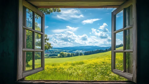 Open wooden window framing distant hills and meadow view.
