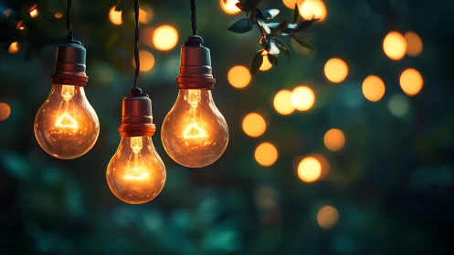 Glowing string bulbs cast warm light in a dreamy garden evening