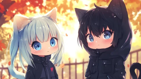 Cat-eared chibi friends share a soft autumn evening glow