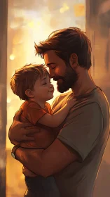 Father holding young child in warm backlit interior scene.