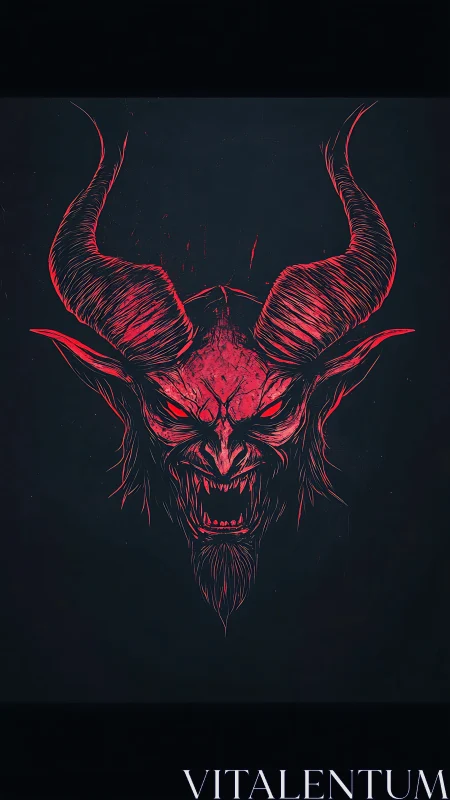Demonic horned skull glows in crimson against black void