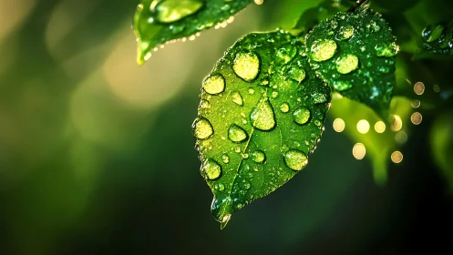 Morning dew sparkling gently on fresh green leaves.