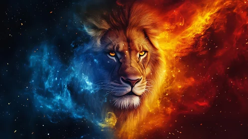 Lion head centered between blue and red nebula fields.