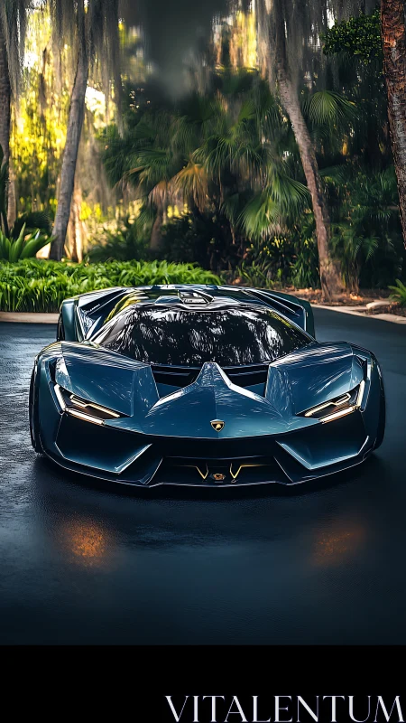 Hypercar stands poised under lush tropical canopy glow