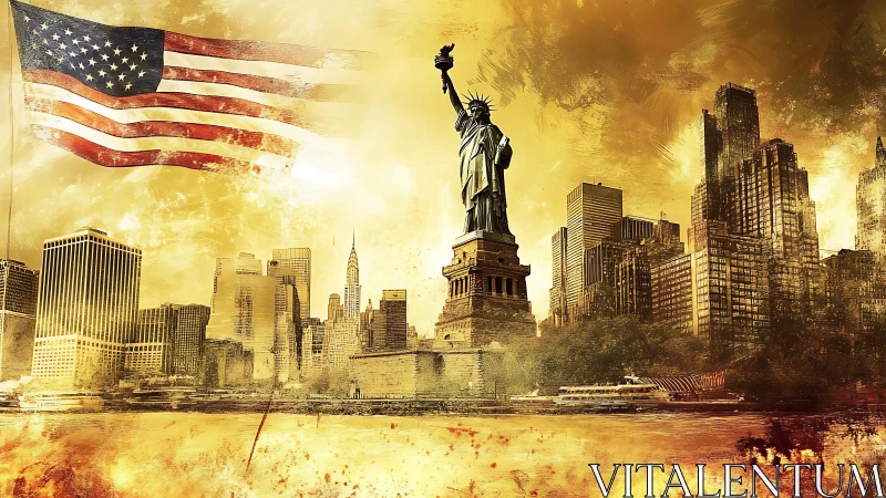 Statue of Liberty and New York skyline in textured overlay