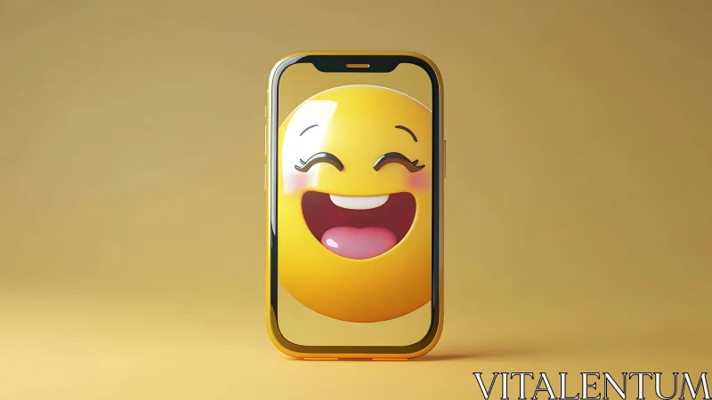 Happy emoji face on smartphone screen, minimalist 3D digital art.