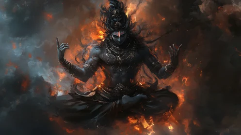 Mythic ash-bodied deity levitating within turbulent inferno.