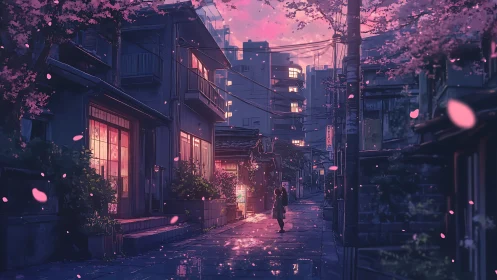 Cherry blossom alley shows illuminated homes at pink dusk