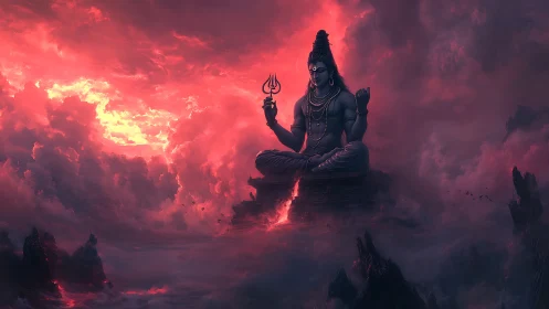 Colossal meditative deity illuminated by volcanic crimson clouds
