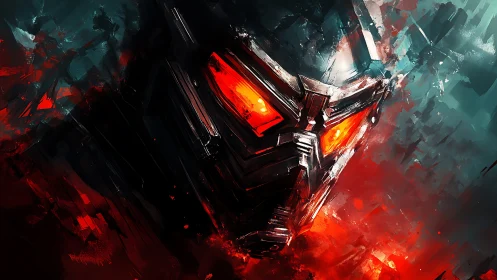 Fierce cyber mask blazing through stormy electric color.