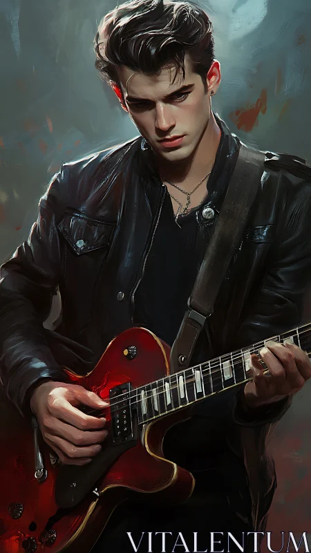 Male guitarist in black leather jacket playing red electric guitar.