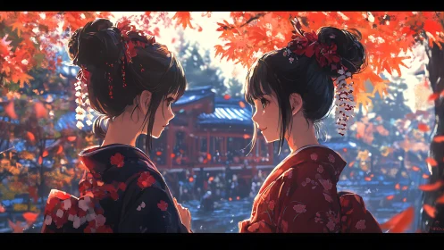 Anime autumn portrait of two women in kimono, frontal framing.