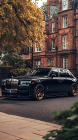 Black luxury sedan on urban street before historic brick building.