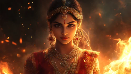 Incandescent warrior queen amid combustive aureole of fire.