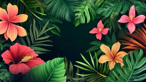 Tropical Blooms Dance Among Emerald Foliage