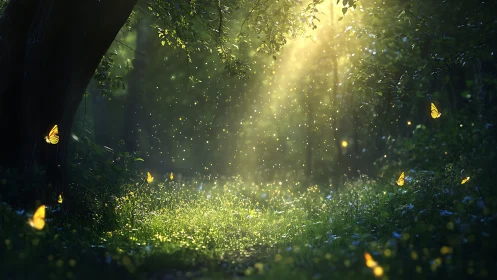 Glowing Magic: Where Fireflies Dance Through Forest Light.