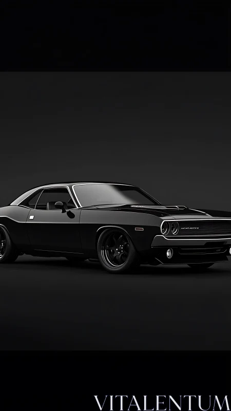 Black classic muscle car is rendered on a dark studio background