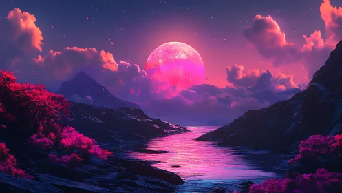 Pink moon over reflective river between dark hills at dusk.