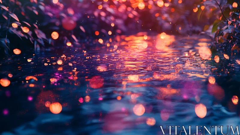 Water surface reflects vivid bokeh lights and glowing colors
