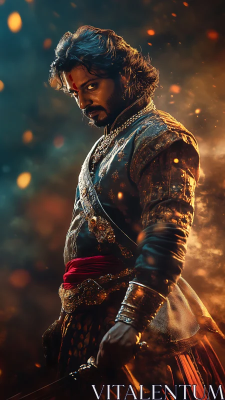 Fiery warrior stands strong in ornate armor and drifting embers