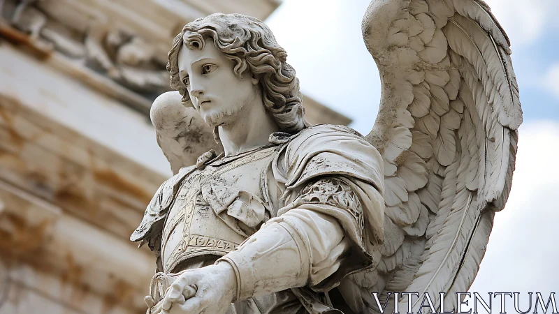 Stone angel statue in detailed armor stands in profile