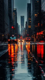 Rain-soaked city avenue glows with reflections and traffic