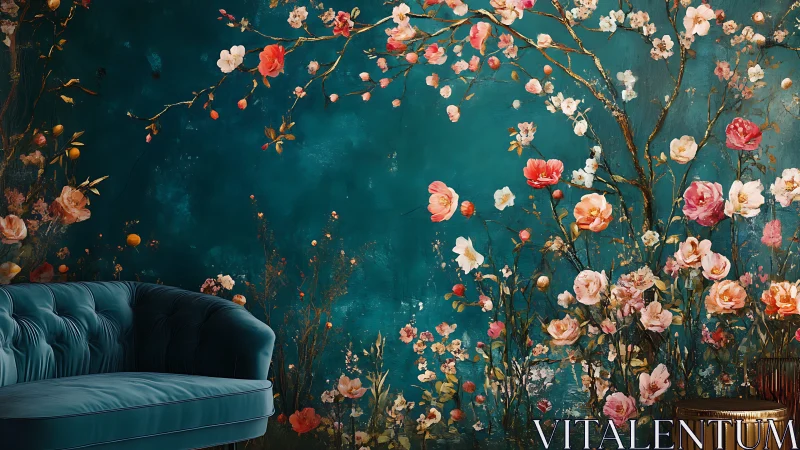 Velvet sofa anchors teal floral mural in painterly interior scene