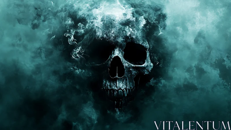 Dark skull emerging from swirling teal fog and smoke.