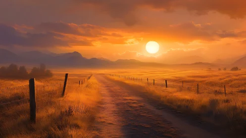 Golden country road beneath an expansive burning sunset.