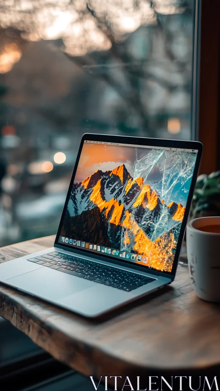 Open laptop glows warmly on rustic café table at dusk