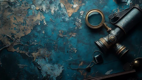 Vintage brass gas mask on distressed teal surface.