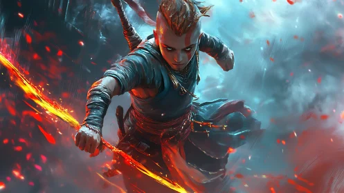 Fiery young warrior cutting through storm and embers.