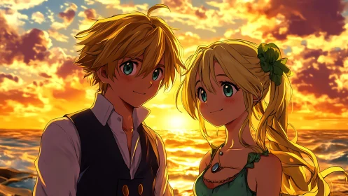 Sunlit anime couple framed by vivid ocean sunset glow.