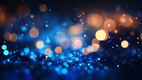 Abstract blue and gold bokeh lights background, dreamy style.