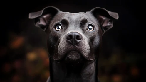 Moody close-up portrait of black dog against dark background.