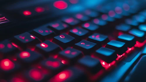 Low-angle macro of RGB mechanical keyboard in neon bokeh glow.