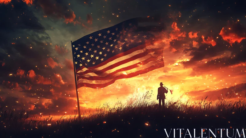 Blazing sky over U.S. flag with lone silhouetted figure.