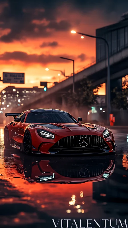 Sunset city streets welcome a sleek red sports car in motion