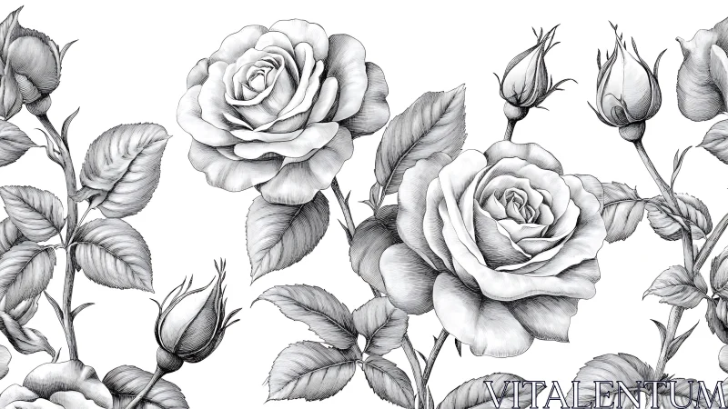Monochromatic botanical rendering displaying rose specimens with buds and foliage.