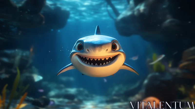 Smiling cartoon shark swimming in softly lit reef scene.
