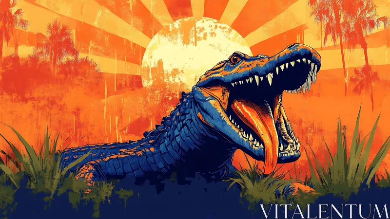 Roaring alligator artwork under blazing sunburst sky.