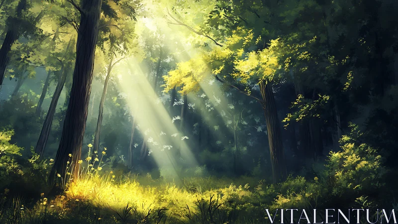 Sunlit forest clearing where gentle light invites quiet wonder.