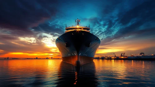 Bow-on maritime vessel under high-dynamic-range sunset sky.