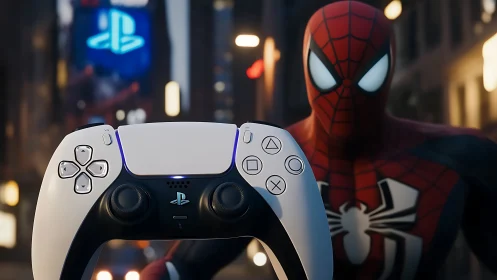 PlayStation controller hovers before costumed hero in city