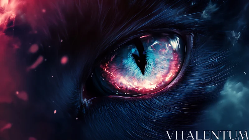 High-contrast macro feline eye renders with luminous cosmic iris