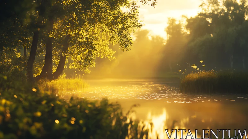 Sunlit forest pond with trees and reeds in warm haze.