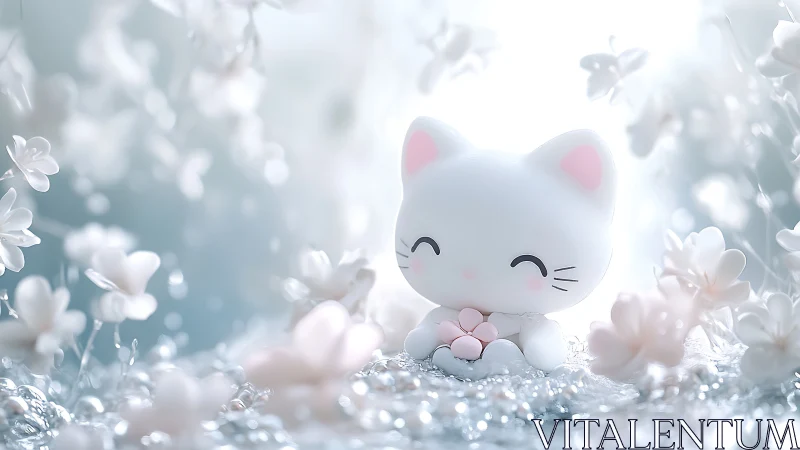 White Kawaii Cat Figure in Sparkling Floral Setting.