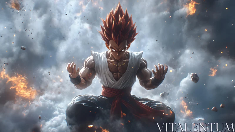 Dynamic anime warrior in explosive atmospheric composition.