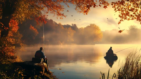 Amber hush over anglers drifting through misty autumn calm.