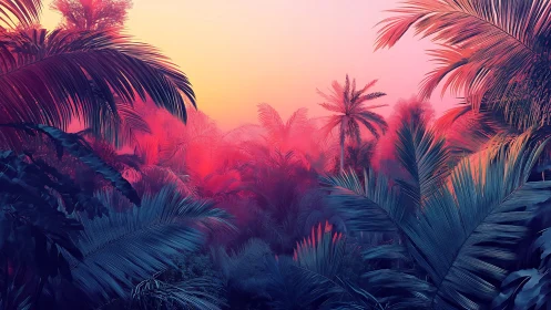 Synthetic tropical sunset scene with palm trees silhouetted against gradient sky